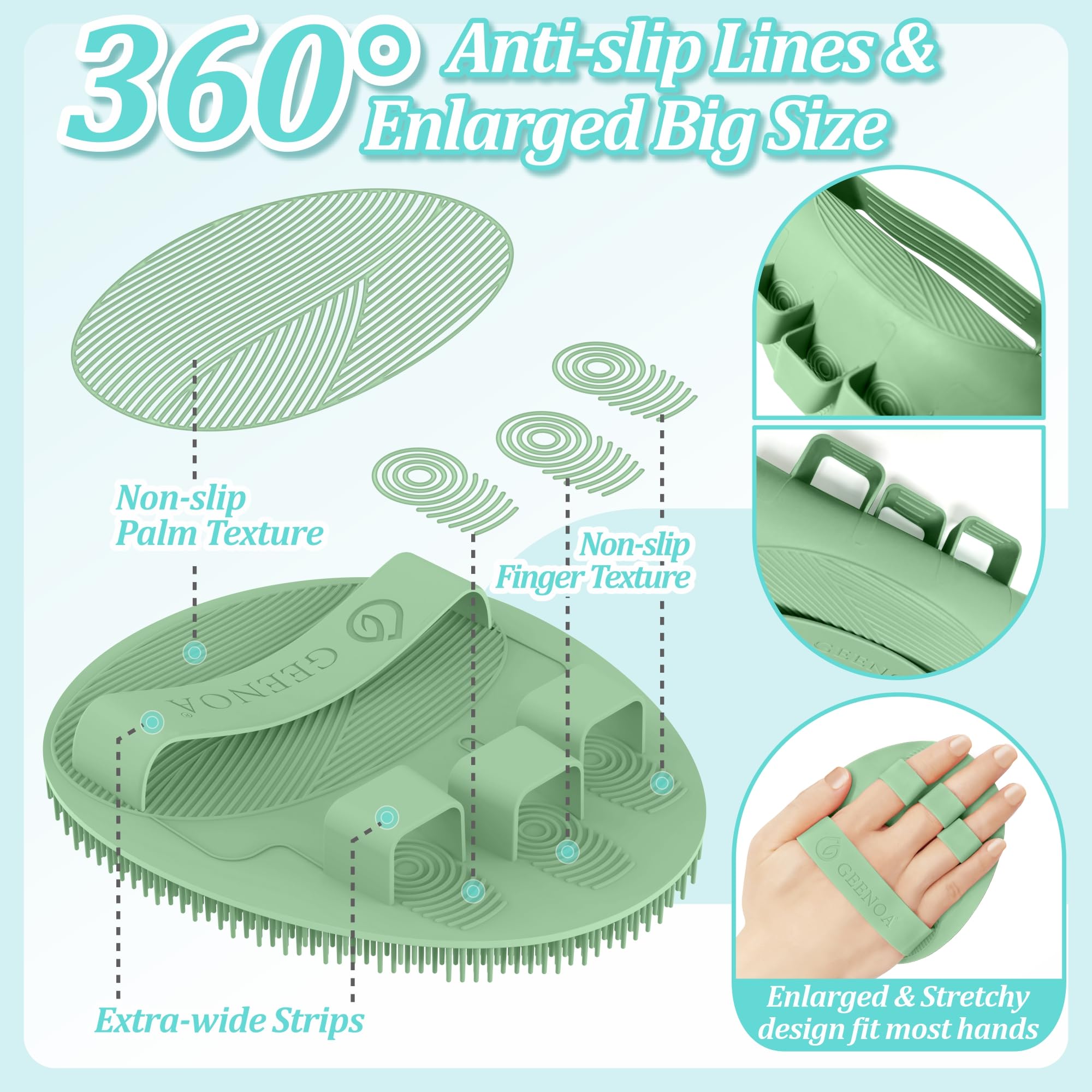 GEENOA Silicone Bath Glove & Face Scrubber Set 2PCS, 360° Anti-Slip & Hand-fit Body Scrubber for Rich Foaming Deep Cleaning, Unique Facial Scrubber with Side-bristles for Contoured Areas.(Green)
