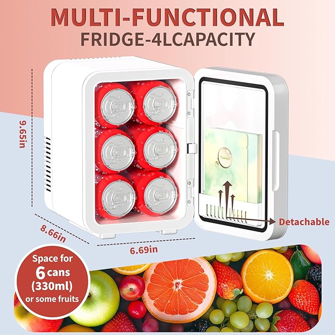 JrostKault Mini Skincare Fridge with LED Light Mirror, 4 Liter/6 Can Compact Makeup Refrigerator for Bedroom - Portable Mini Fridge for Makeup, Skincare & Food, AC/DC Power for Home & Car