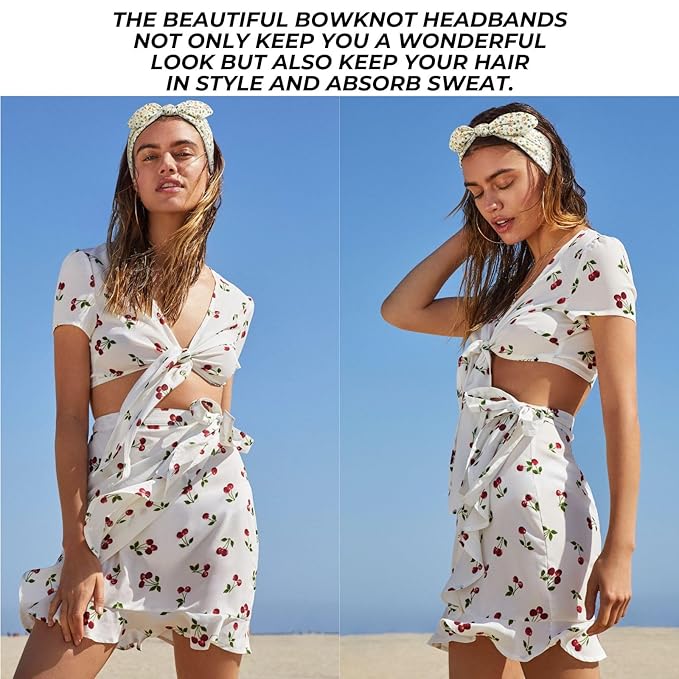 12 Pack Wild Floral Bow Headbands for Women Elastic Headwraps Hair Band Yoga Running Sports Knotted Headband Stretchy Rabbit Ears Turban Fashion Sport Cute Hair Accessories（Elastic Floral Hairbands）