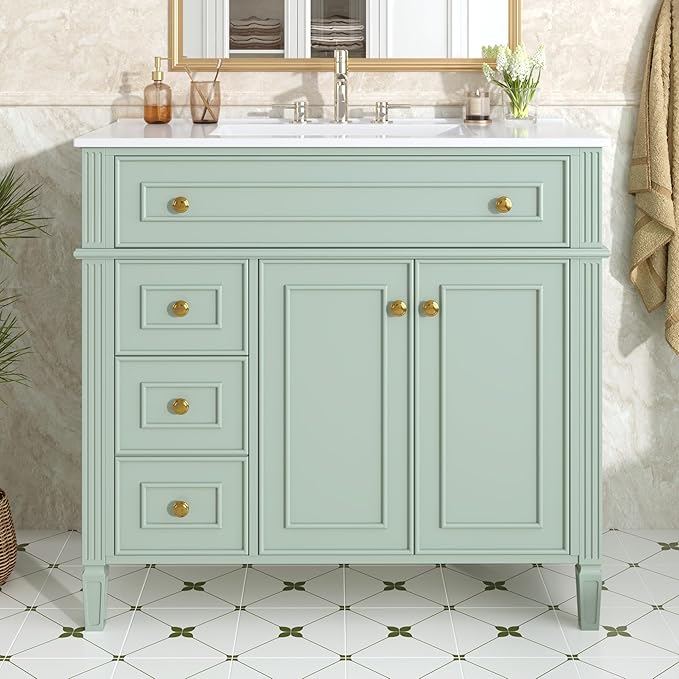 Harper & Bright Designs 36" Bathroom Vanity with Sink, Free Standing Single Basin Vanity Set with Tip-Out Drawer, 3 Drawers, and 2 Doors, Wood Bathroom Cabinet with Ceramic Basin for Bathroom, Green