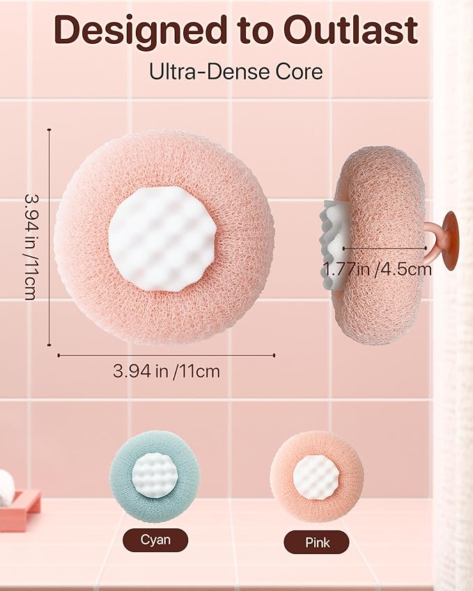 Super Soft Sunflower Suction Cup Bath Ball, New Upgraded 2-in-1 Sunflower Ball Exfoliating Bath Sponge Cleaning Brush, Mesh Shower Body Sponge Accessories for Women, Men (Cyan+Pink)