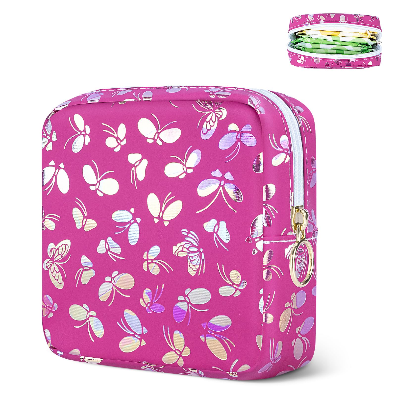 Likesing Tampon Holder for Purse, Leather Sanitary Napkin Storage Bag Period Bag Gift for Girls Women, Portable Sanitary Napkin Period Pad Pouch Tampon Bags for Purse(Rose red Butterfly)