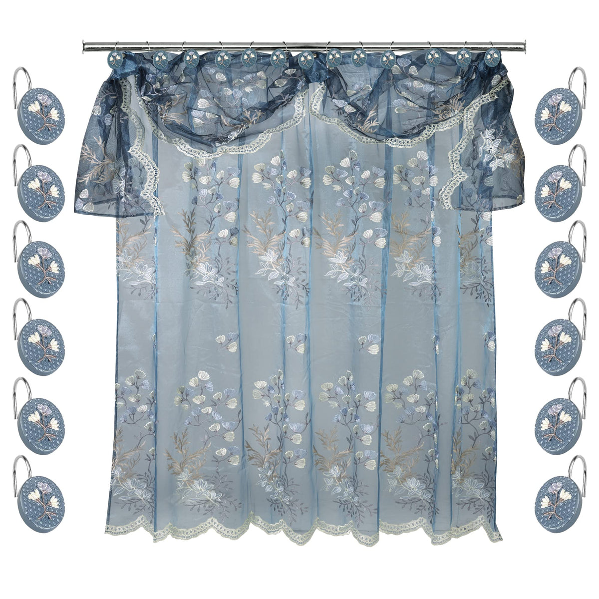 Zahari Home 13pc Rose Vine Bathroom Sheer Shower Curtain Sets Sheer Shower Curtain & 12 Shower Bathroom Hooks Modern Classic Luxury Contemporary Decor Beige Shower Curtain Set