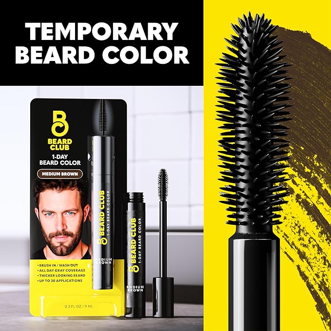 The Beard Club 1 Day Temporary Beard Dye for Men - Medium Brown Beard, Mustache & Eyebrow Color for a Fuller, Well-Defined Look, Water & Sweat Resistant, Up to 30 Applications, 0.3 fl oz
