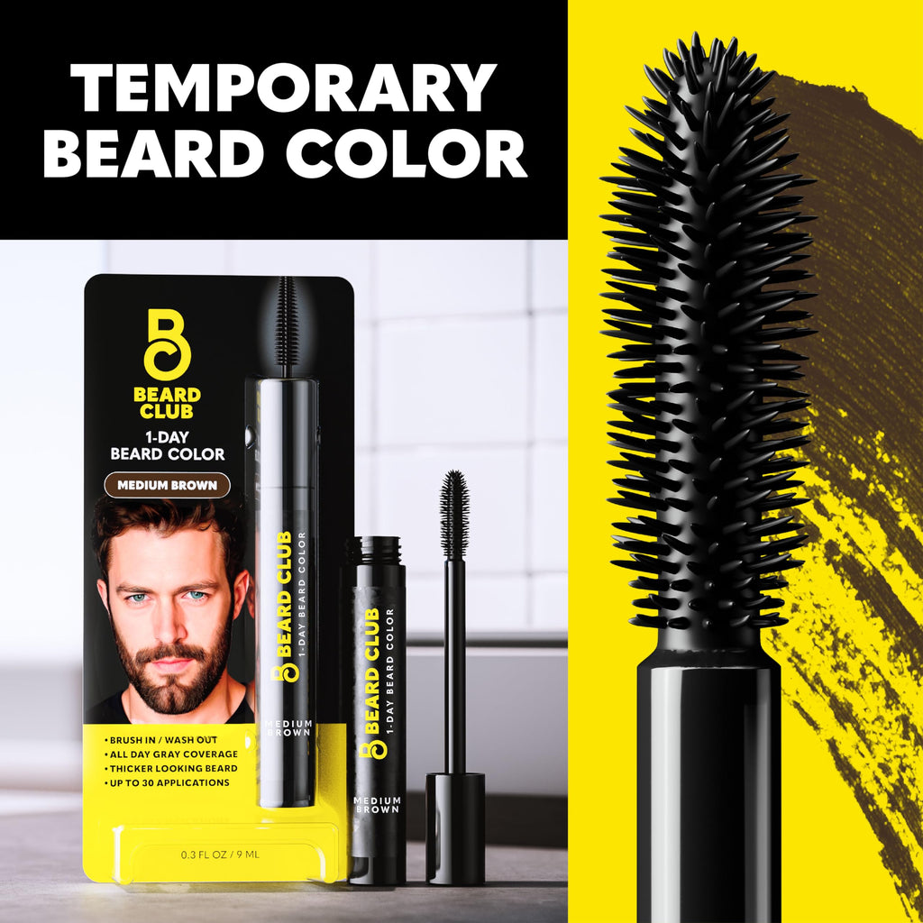 The Beard Club 1 Day Temporary Beard Dye for Men - Medium Brown Beard, Mustache & Eyebrow Color for a Fuller, Well-Defined Look, Water & Sweat Resistant, Up to 30 Applications, 0.3 fl oz