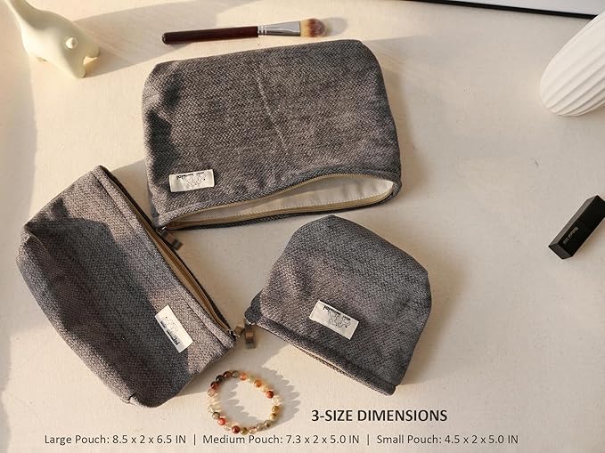 HAPPYHEIDI Gray Velvet Corduroy Makeup Bag Set 3 with Compartment Women Girls Cosmetic Toiletry Pouch,Travel Accessory Organizer, 3-Size, Canvas Lined