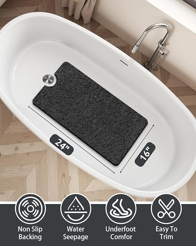 Non Slip Shower Mats for Inside Shower,16x24 Inch,Anti-Slip Bathtub Mats for Bathroom, Foot Scrubber Loofah Bath Mats for Shower, Quick Drying Shower Stall Mats for Wet Areas (Black)
