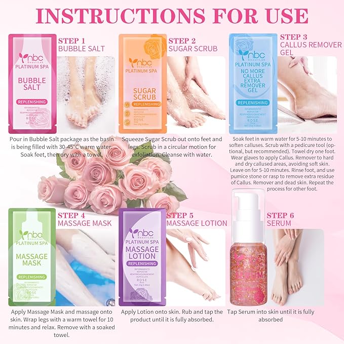 nbc BeautiLab Pedicure Foot Soak Set - Upgraded 6 in 1 Foot Spa, Foot Bath Spa, Pedicure Kit, Foot Soak for Tired & Dry Cracked Feet, Athletes Feet, Bad Odor, Softens Calluses (Rose)