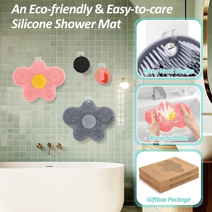Upgrade Silicone Shower Foot Scrubber Mat & Silicone Body Scrubber Set, Large Wall-Mounted Back Scrubber Back Washer to Clean, Exfoliate and Massage Without Bending(Pink+Body Scrubber)