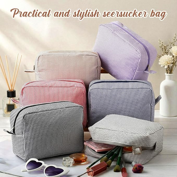 Sanwuta 6 Seersucker Cosmetic Bag Bulk Striped Makeup Bag for Women Aesthetic Cute Travel Toiletry Organizer Preppy Storage Pouch for Wedding Bridesmaid Mother's Day Teacher Gift (Large,Classic)