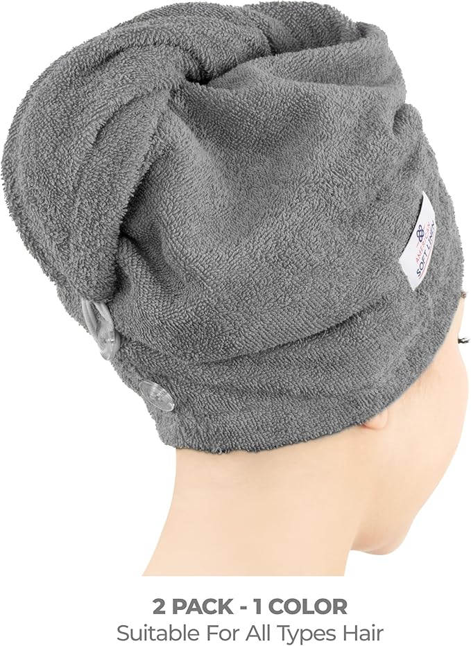 American Soft Linen 100% Cotton Hair Towels for Women, Head Towel Cap, Cotton Hair Turban Towel Wrap for Long Curly Anti Frizz Hair, Soft and Absorbent Cotton Hair Towels 2 Pack, Dark Gray