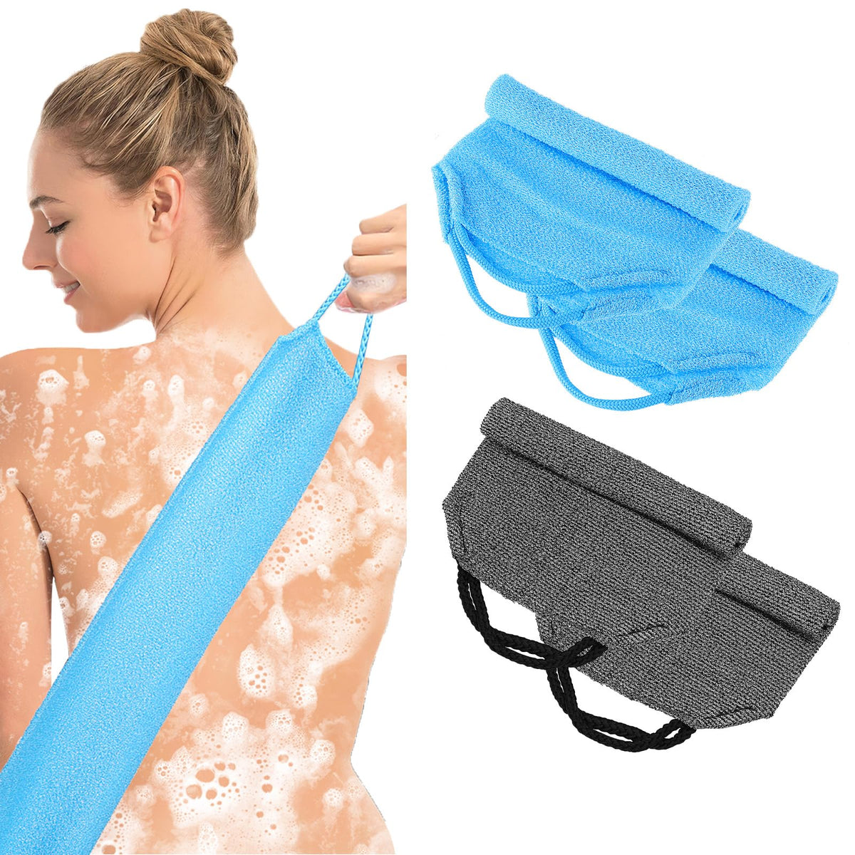 4pcs Exfoliating Back Washers Scrub with Handles Japanese Body Scrubber Cloth Towel for Shower Nylon Back Exfoliator Extended Backs Washers Stretchable Body Bath Pull Strap for Cleans Skin Massages