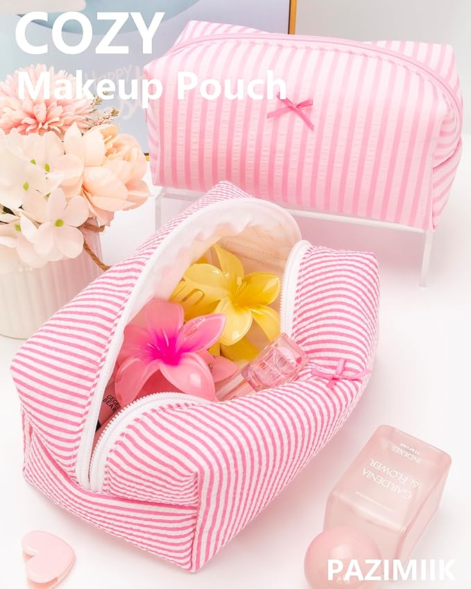 PAZIMIIK Cozy Makeup Bag for Women,Zipper Cosmetic Pouch,Stripe Candy Pink