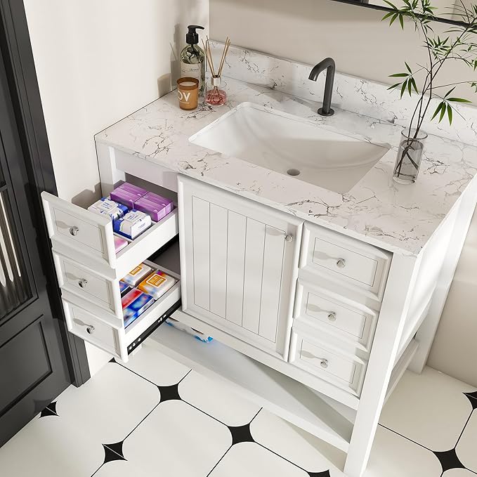 Montary 36" Bathroom Vanity with 37" Artificial Marble Carrara White Top, Modern Stylish MDF Bathroom Storage Cabinet, Freestanding Vanity Set with One Cabinet & 3 Drawers, White (Single Hole)