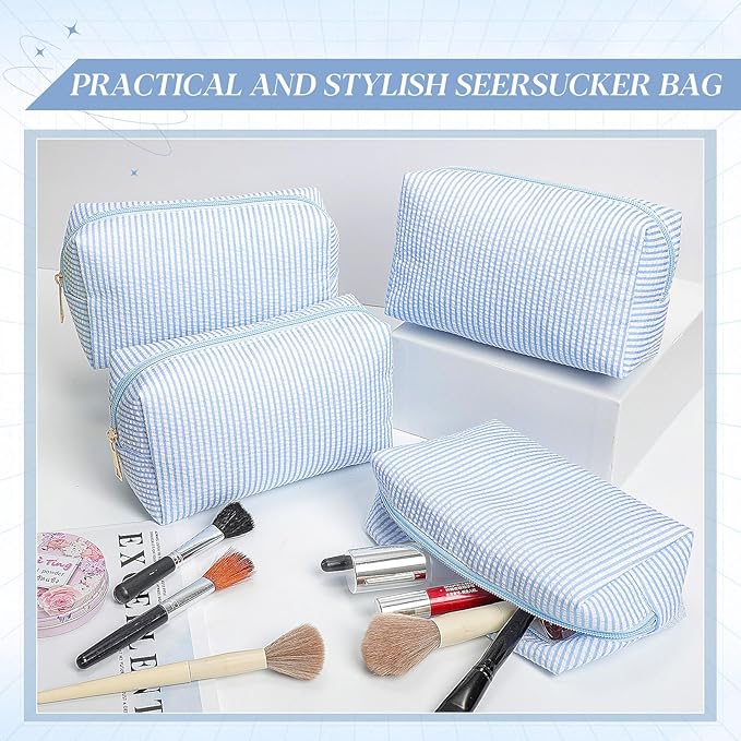 Sanwuta 6 Pcs Seersucker Cosmetic Bags Bulk Seersucker Makeup Bags Stripe Women Pouch Large Preppy Storage Pouch Toiletry Travel for Wedding Bridesmaid Bride Favor Back to Teacher Gift (Light Blue)