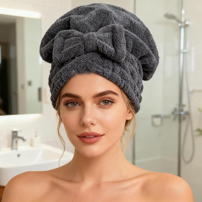 MAYOUTH Microfiber Hair Drying Towels Head wrap with Bow-Knot Shower Cap Hair Turban hairWrap Bath Cap for Curly Short or Long & Wet Hair Gift for Women 2pack
