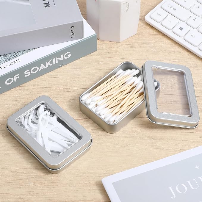 Shimmeroo 2PCS Metal Cotton Swab Holder, Portable Small Floss Pick Holder, Reusable Empty Metal Cotton Ball Case with Dust Lid for Travel Swabs Hair Ties Floss