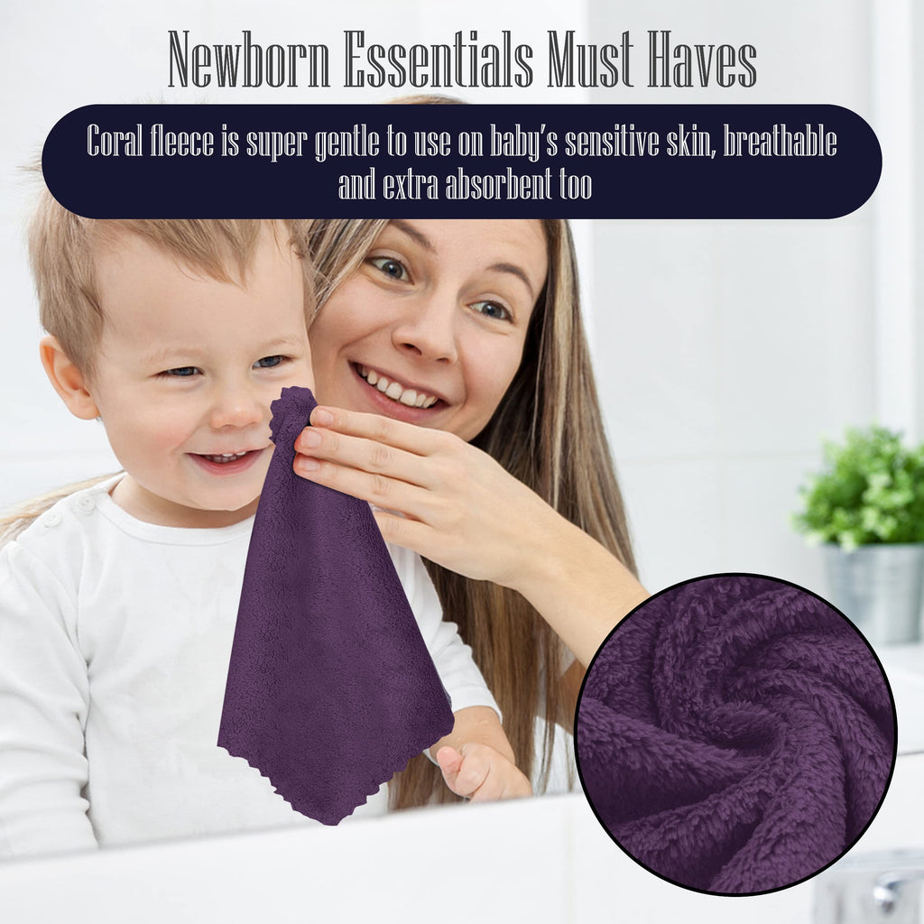 32 Pack Baby Washcloths - Luxury Coral Fleece - Extra Absorbent and Soft Wash Clothes for Newborns, Infants and Toddlers - Suitable for Sensitive Skin and New Born - Baby Shower - Plum, 10x10 Inch