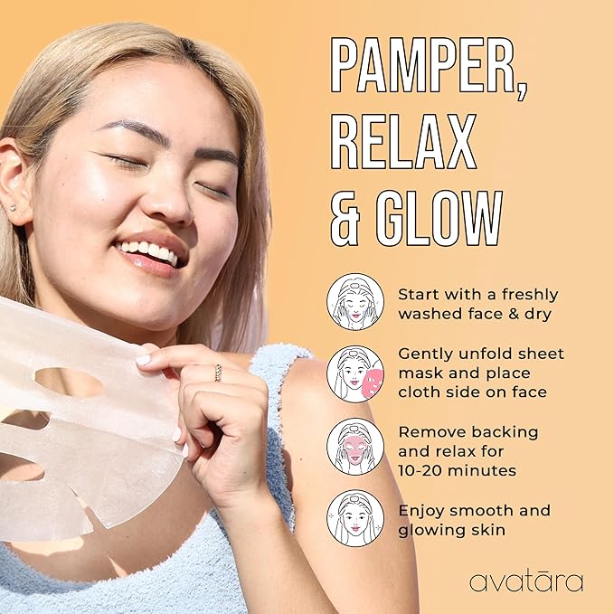 Avatara Juicy Peach Brightening Facial Mask 5 Sheets, Beauty and Skincare Sheet Masks with Peach Extracts, Hyaluronic Acid and Clean Ingredients for Clearer, Brighter Skin With Natural Glow, 5 Pack