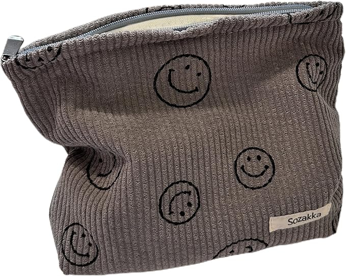 Gardsell Cosmetic Bags for Women - Corduroy Cosmetic Bag Aesthetic Women Handbags Purses Smile Dots Makeup Organizer Storage Makeup Bag Girls Case Bags (A-Gray)