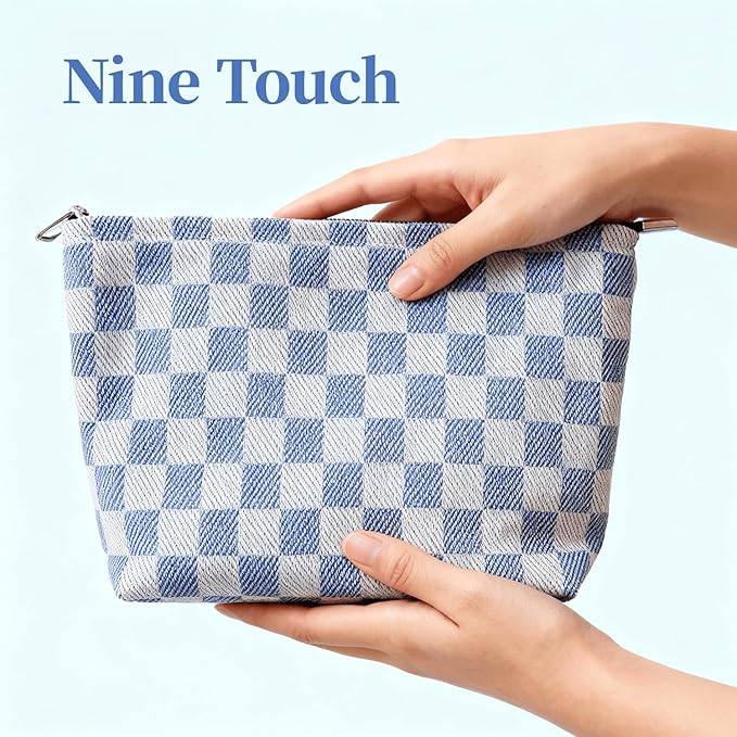 itgowisa Blue Checkered Makeup Bag, Travel Makeup Pouch for Women, Purse