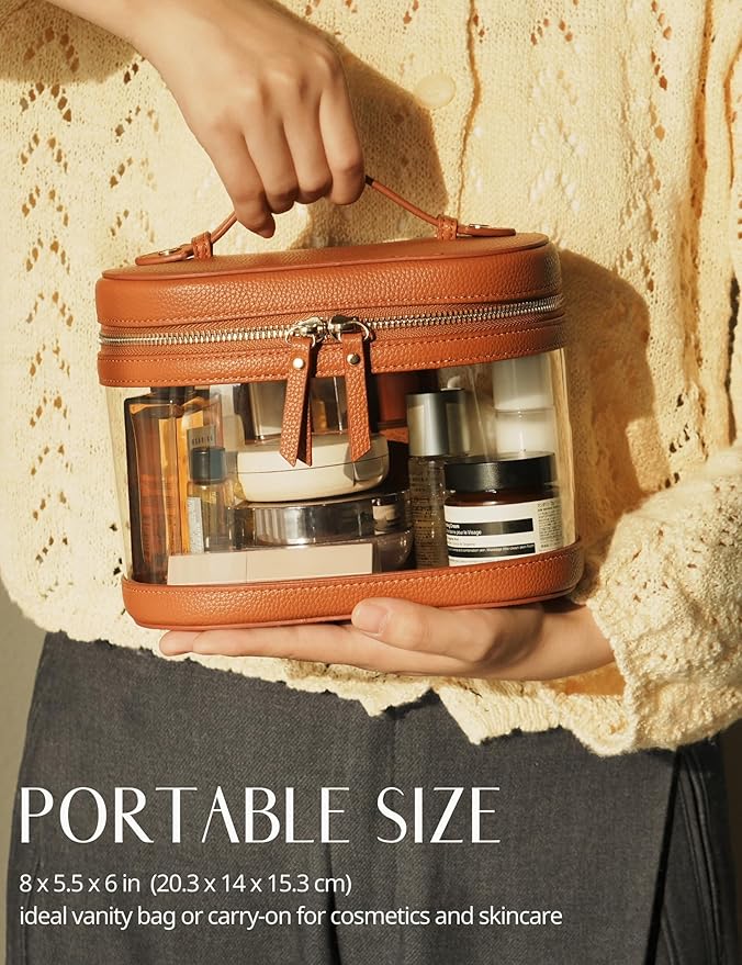 Popvibe Travel Makeup Case Clear Vanity Bag with Brush Holder, Compact Leather Train Case Brown Make Up Bag Storage Organizer Luxury Cosmetic Case Travel Essentials Cute Portable with Handle