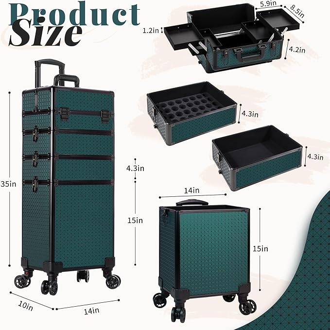 AROUS Rolling Train Makeup Case Cosmetology Case on Wheels, Green
