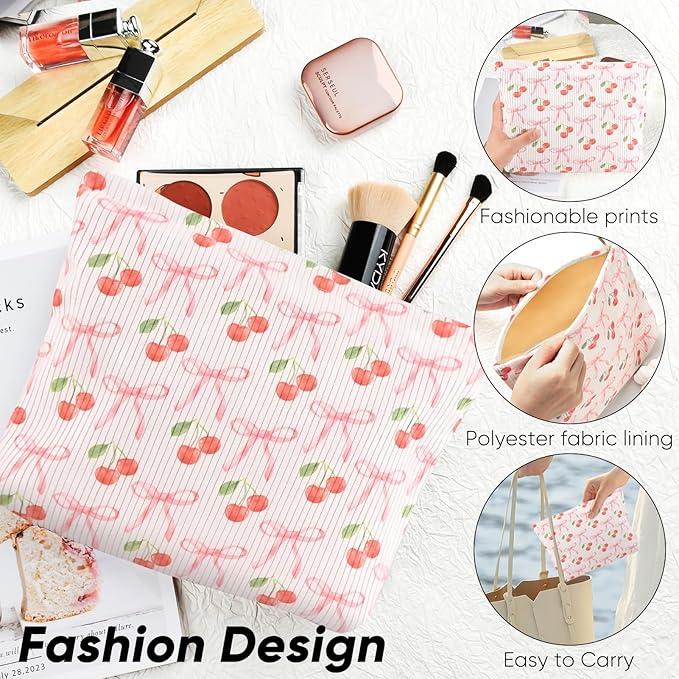 Ksriylm Cute Cherry Makeup Pouch for Women Small Make Up Bag for Purse Zipper Initial Makeup Cosmetic Bags Pouches for Purse Aesthetic Travel Toiletry Bags, Pink Cherries Bows