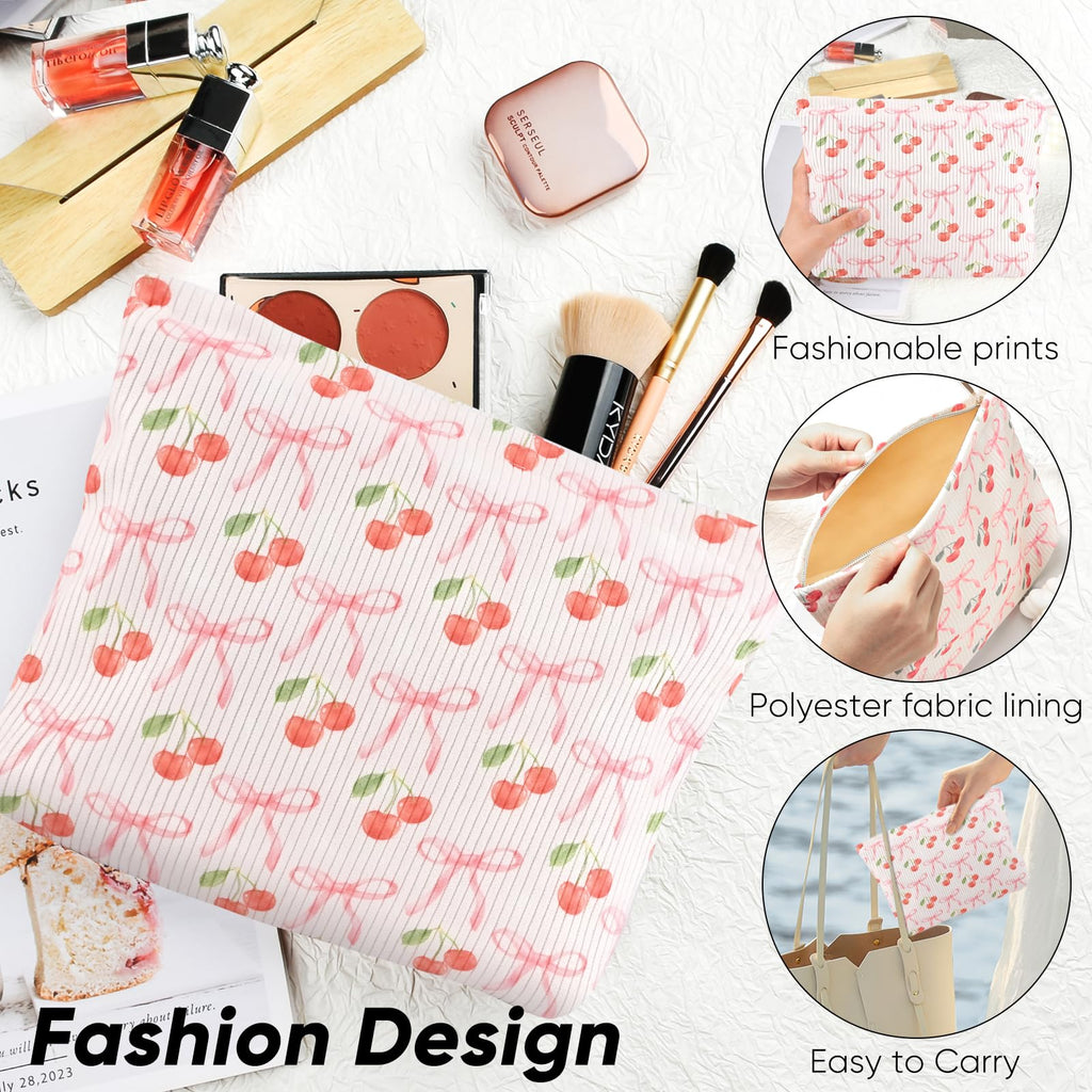 Ksriylm Cute Cherry Makeup Pouch for Women Small Make Up Bag for Purse Zipper Initial Makeup Cosmetic Bags Pouches for Purse Aesthetic Travel Toiletry Bags, Pink Cherries Bows