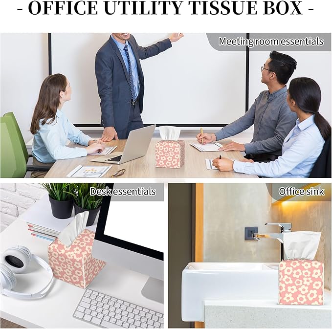 Vintage Groovy Flowers Tissue Box Cover Square,Pink Boho Floral Tissue Box Holder Waterproof Leather Facial Paper Organizer Dispenser for Bathroom Home Car Nightstand Vanity Desk