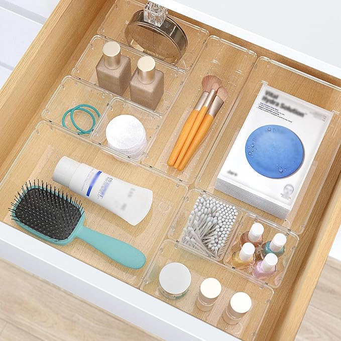 13 PCS Clear Plastic Drawer Organizers Set, 4 Size Desk Drawer Organizer Trays for Makeup, Jewelry, Kitchen Utensils, Gadgets and Office Accessories