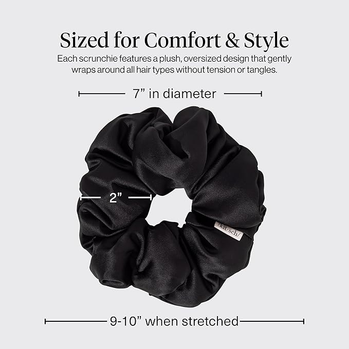 Kitsch Pillow Satin Scrunchies for Women - Hair Ties No Damage, No Crease Hair Accessories | Perfect for Day or Night - Black, 4pcs