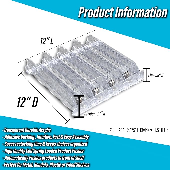 STORE FIXTURES DIRECT Auto Feed Shelf Product Pusher Kit, Adjustable Width Spring Loaded Merchandise Glider Pushing System, Kit for [10] 12" L Shelves - [40 Shelf Pushers + 50 Dividers]