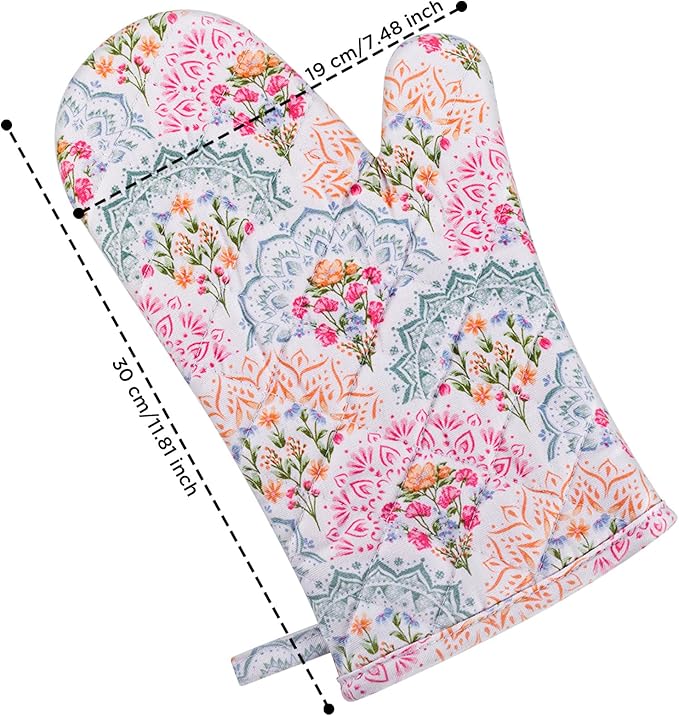 BONTHEE Oven Mitt Extra Long Cotton Cooking Kitchen Mitts with Non-Slip Striped Oven Mitts for Cooking Baking Grilling - Mandala - Oven Gloves - 2PCS
