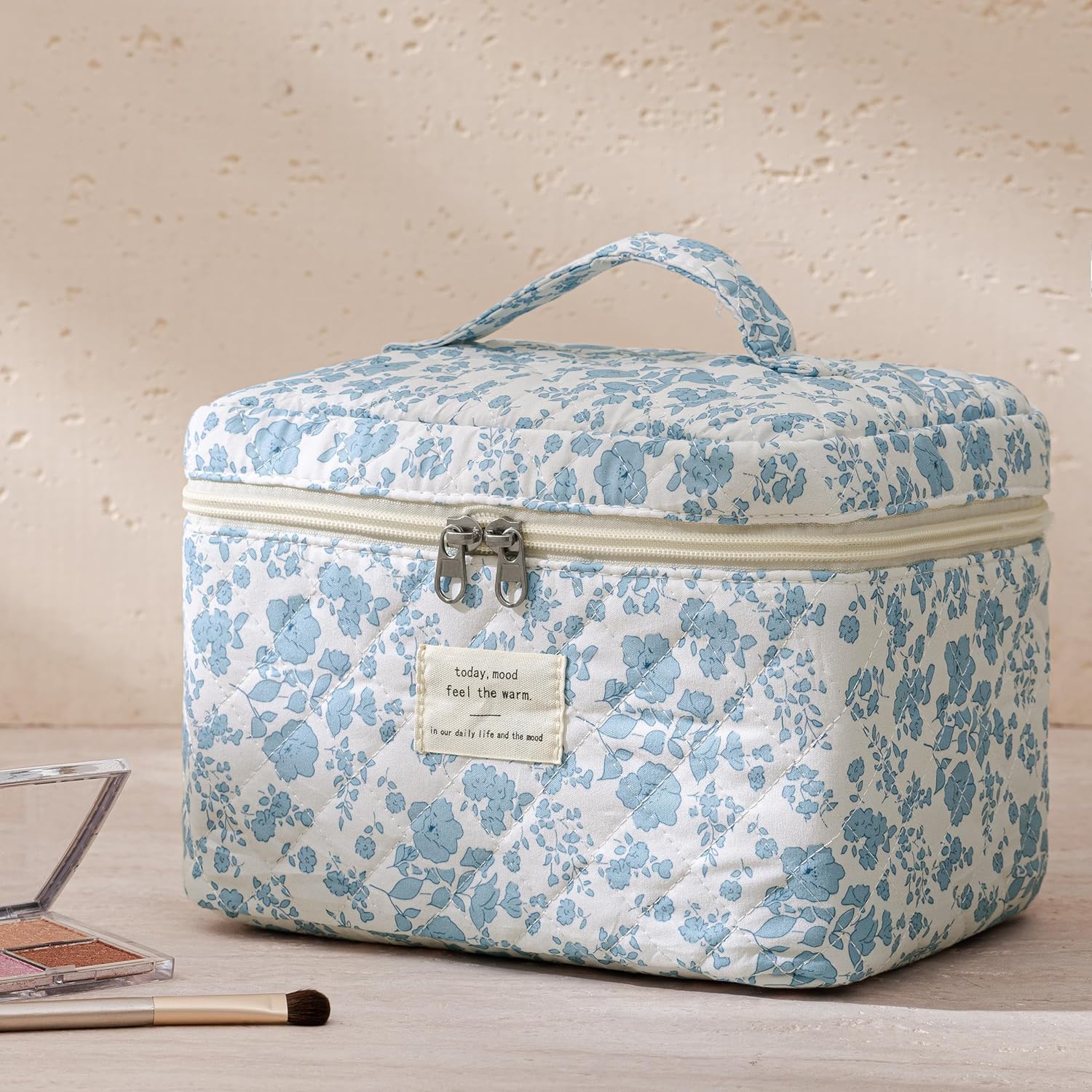 HBselect Quilted Makeup Bag, 3Pcs Cotton Large Travel Makeup Bags Organizer
