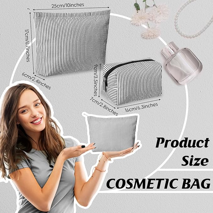 2 Pcs Makeup Bag Set Cute Cosmetic Pouch for Women Seersucker Travel Toiletry Bag Preppy Small Makeup Purse Pouch Aesthetic Skincare Brushes Storage Organizer for Valentine Women(Black)