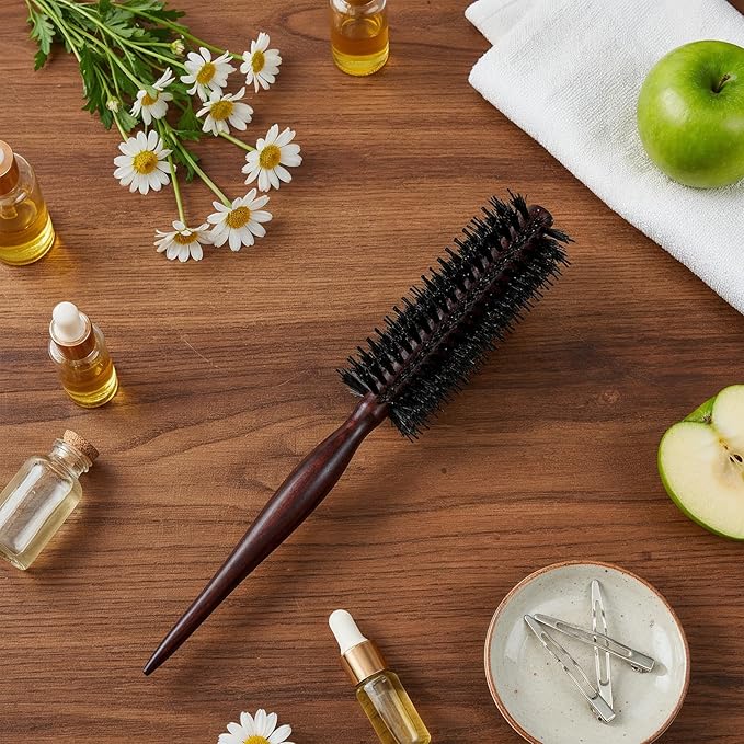 Roller Brush for Blow Drying, Natural Boar Bristle Round Brush Portable Mini Roller Hairbrush with Wooden Handle for Women Men's Beard Fine Thin Hair Straightening Curling Volumizing Detangling