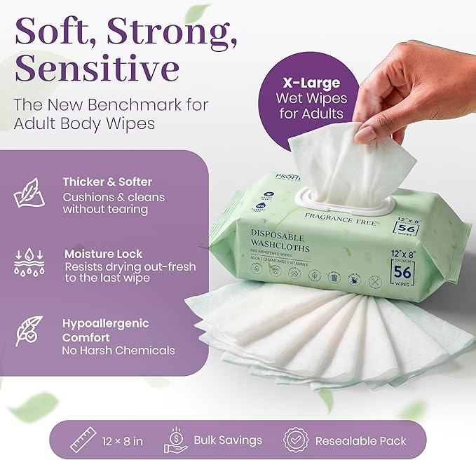 XL Adult Wipes for Elderly - 224 Count Body Wipes for Adults Bathing No Rinse, 12" x 8" Disposable Incontinence Washcloths, Fragrance Free, Sensitive Skin, Aloe & Vitamin E, Hypoallergenic ProHeal