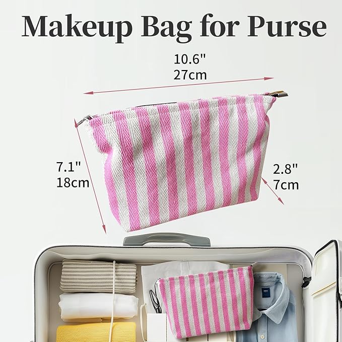 itgowisa Pink Striped Makeup Bag, Travel Makeup Pouch for Women, Purse