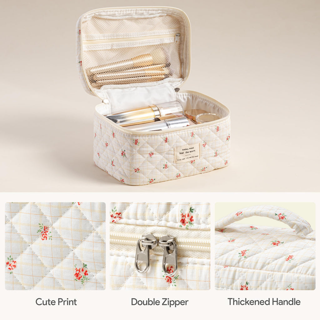 HBselect Quilted Makeup Bag, 3Pcs Cotton Large Travel Makeup Bags Organizer
