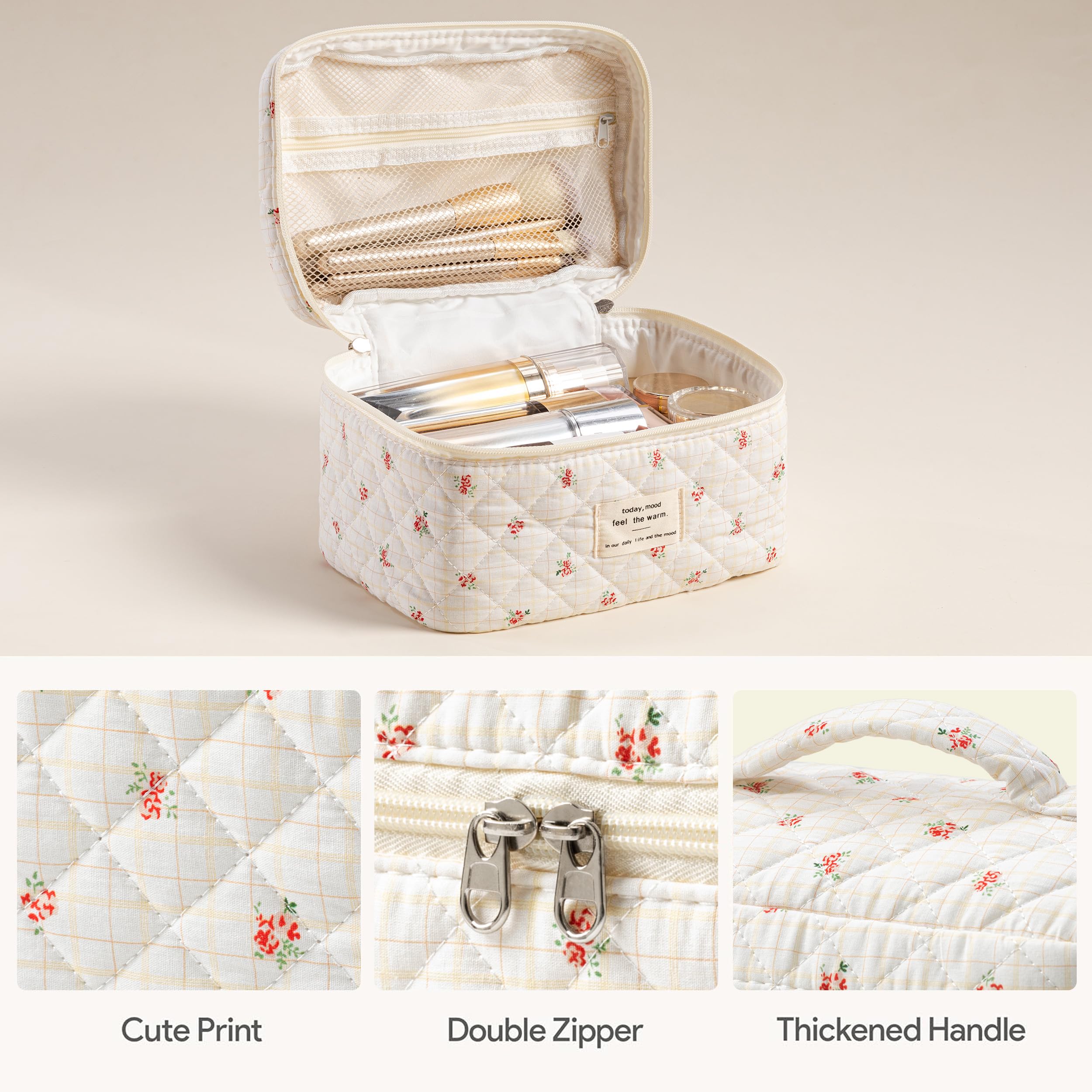 HBselect Quilted Makeup Bag, 3Pcs Cotton Large Travel Makeup Bags Organizer