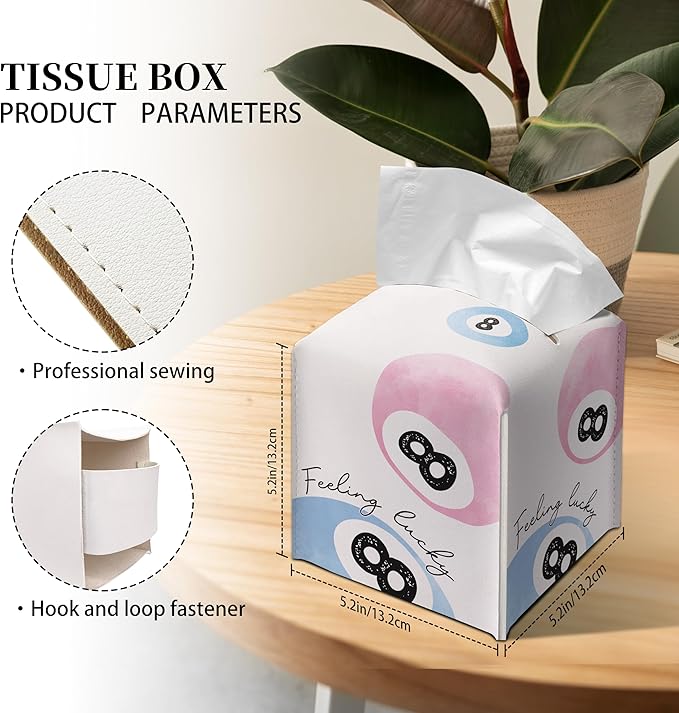 Grace Yonks Cute Tissue Box Cover Square - Pink & Blue 8 Ball “Feeling Lucky” Design 5.2" PU Leather Holder for Vanity, Desk, or Bathroom Counter - Cube Case for Facial Tissues(004)