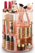 Masirs Rotating Makeup Organizer for Vanity, Large 360° Spinning Cosmetic & Skincare Organizer, Adjustable Shelf Height, Perfume Stand, Countertop Storage for Bathroom or Bedroom, Pink
