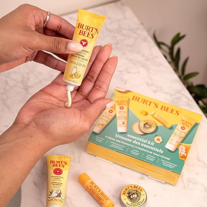 Burt's Bees Gift Ideas - Essentials Everyday Set, 5 Travel Size Products - Deep Cleansing Cream, Hand Salve, Body Lotion, Foot Cream and Original Lip Balm