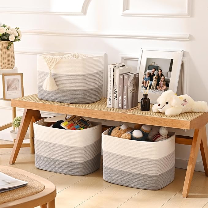 3 Pack Cube Storage Bin, 17”x12”x12” Cotton Rope Woven Baskets for Organizing Toys Clothes Towels, Square Gift Storage Baskets for Shelf, Nursery, Closet, Bathroom, Pantry (3-Tone Gray)