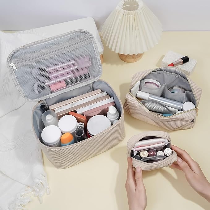 MAGEFY Makeup Bag, 3 Pcs Cosmetics Bag Large Capacity with Handle Make Up Bag for purse Corduroy Bag Pouch for Purse Travel Makeup Organizer Bag-Beige