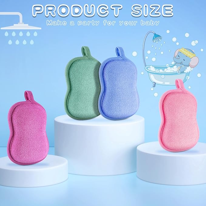 Tatuo 4 Pieces Baby Bath Sponge Toddler Bath Sponge Soft Comfy Cotton Absorbent Loofah for Kids Babies Boy Girl(Red, Purple, Green, Blue)
