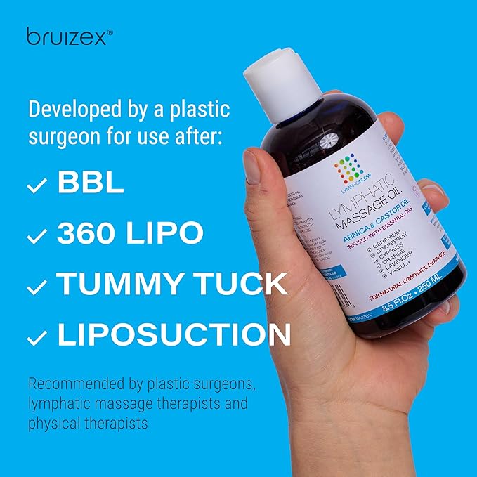 Bruizex Lymphatic Drainage Massage Oil with Arnica & Cold Pressed Castor Oil- Lightweight Non-Greasy Body Massage Oil for Daily Lymphatic Massage, Aftercare Routine, Post Surgery, BBL, Lipo - 8.5 Oz
