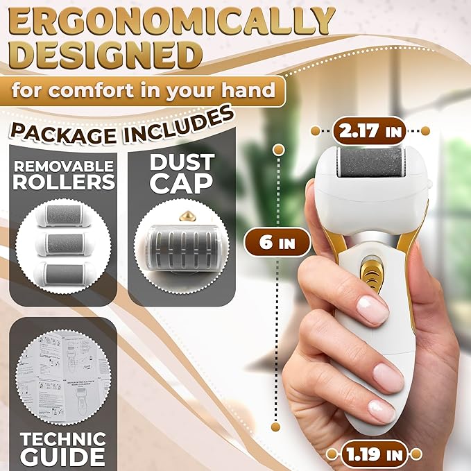 Electric Callus Remover for Feet – Electric Foot Filer with 3 Replacement Rollers & 360° Rotating Head – Hard Skin Remover for Feet with Ergonomic Handle for Easy Grip & Control in Home Pedicure