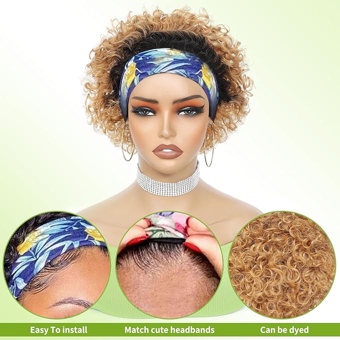Headband Wig Human Hair Wigs for Black Women Blonde Ombre Pixie Cut Wig Human Hair Put on and Go Glueless Wig Curly Headband Wigs 150% Density Natural Black 8 Inch,T27